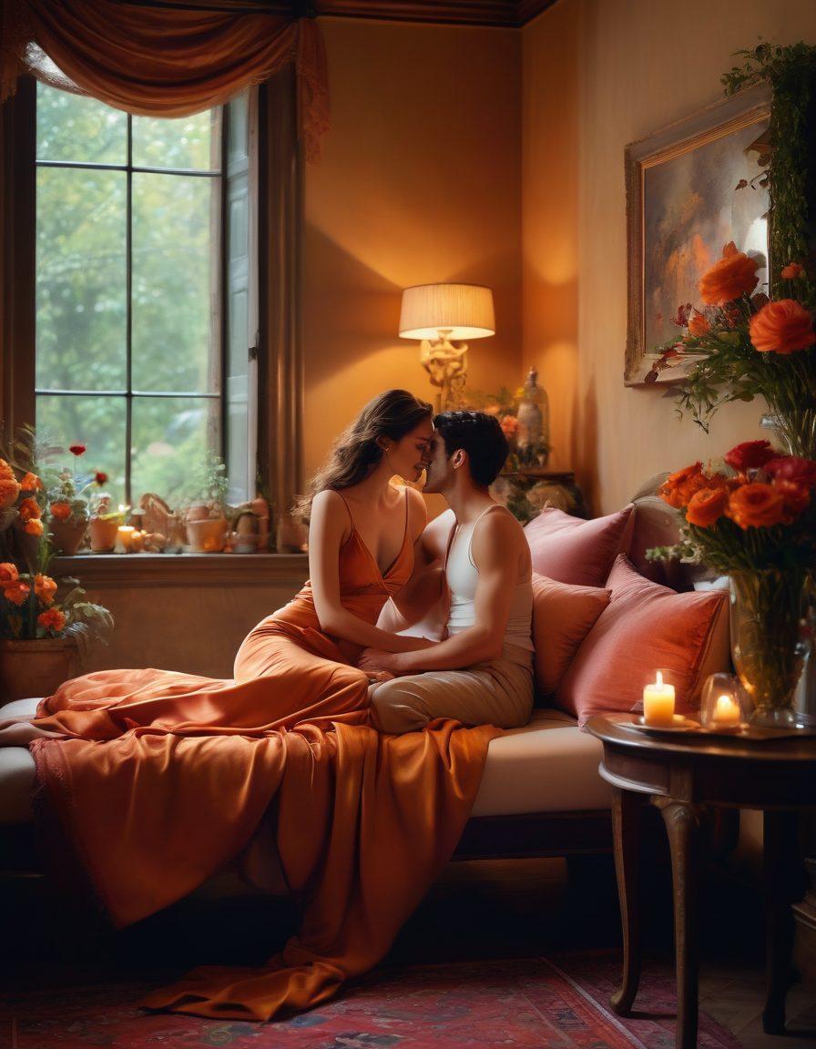 A sultry, elegantly decorated setting with soft candlelight and plush furnishings, showcasing a couple laughing and enjoying themselves in a cozy nook, surrounded by vibrant flowers and sensual art. The atmosphere is inviting and warm, capturing the essence of intimate moments and playful romance. super-realistic. warm colors. soft focus.