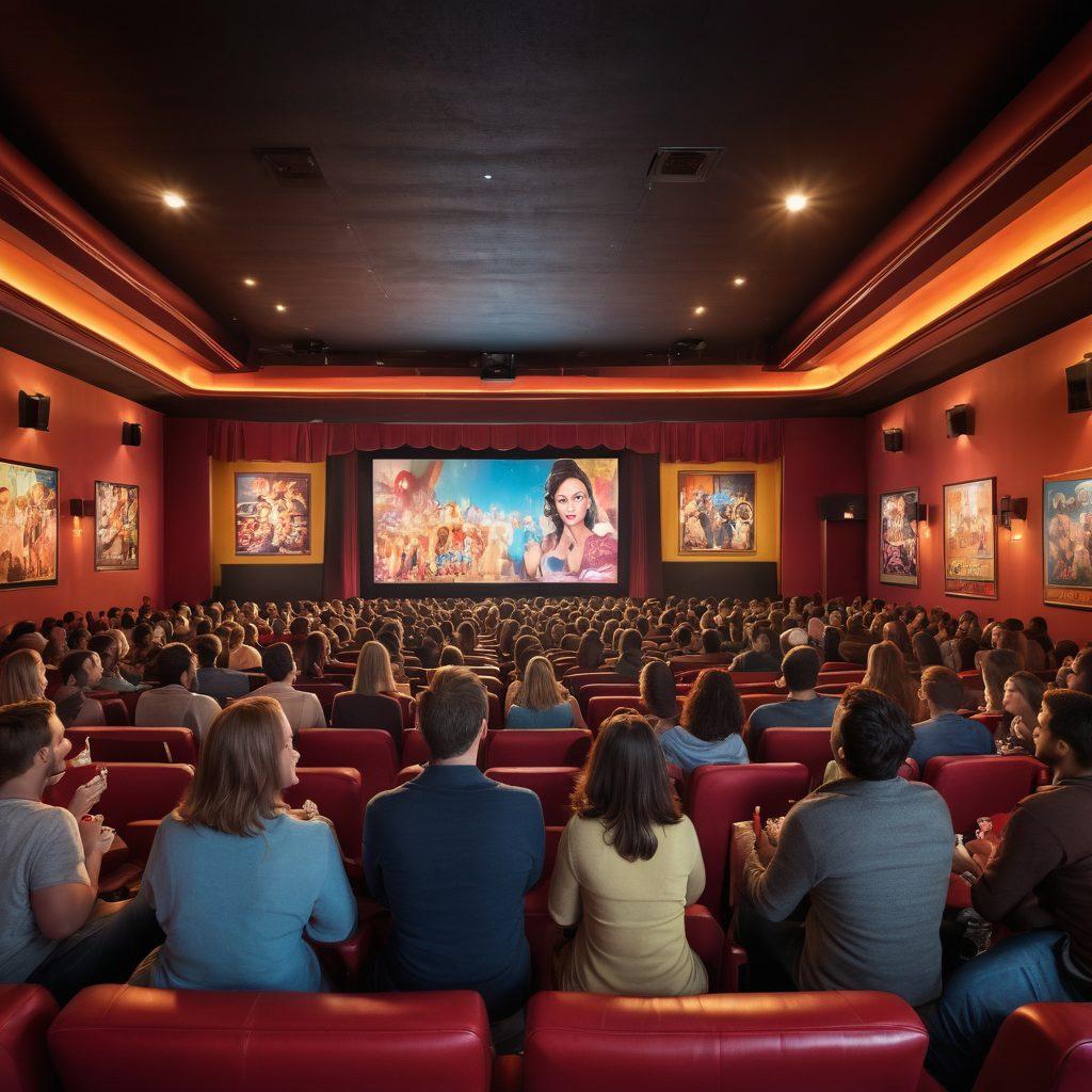 A brightly lit cinema hall filled with diverse audiences, all engaged joyously while watching a large screen displaying a colorful montage of iconic adult film scenes. The atmosphere is vibrant, with popcorn and drinks in hand, showcasing enthusiasm and passion for cinema. Include posters of various famous adult films in the background to emphasize genre variety. Add warm, inviting lighting to evoke a sense of comfort and enjoyment. super-realistic. vibrant colors. dynamic composition.