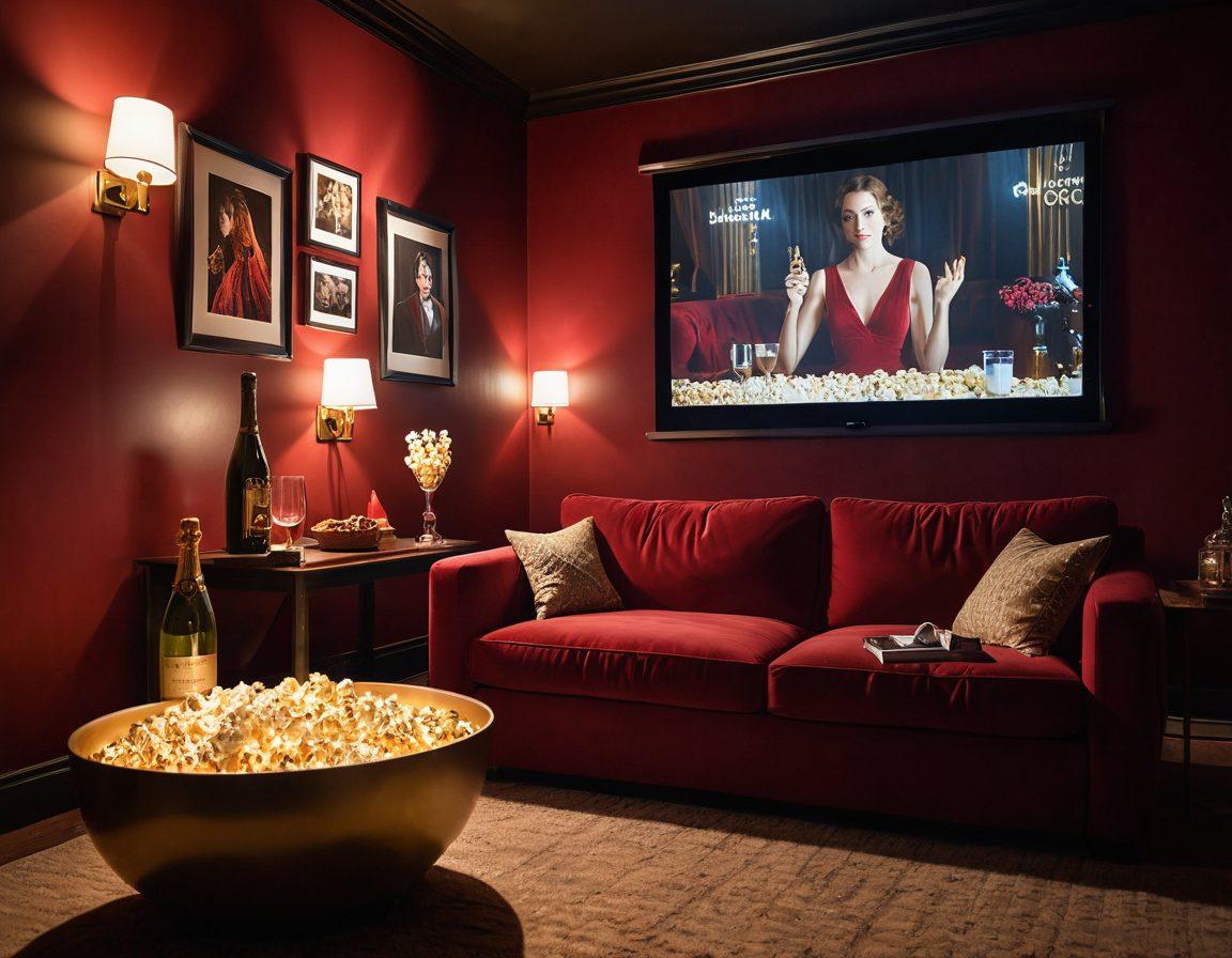 A cozy, intimate cinema setting featuring a plush red velvet couch, dimmed golden lights, and a projector casting romantic film scenes. Softly blurred images of sensuous movie posters surround the room, evoking a sense of alluring escapism. A large popcorn bowl and a bottle of champagne sit on a stylish side table. The atmosphere is warm and inviting, inviting viewers to indulge in a romantic movie night. super-realistic. moody lighting. vibrant colors.